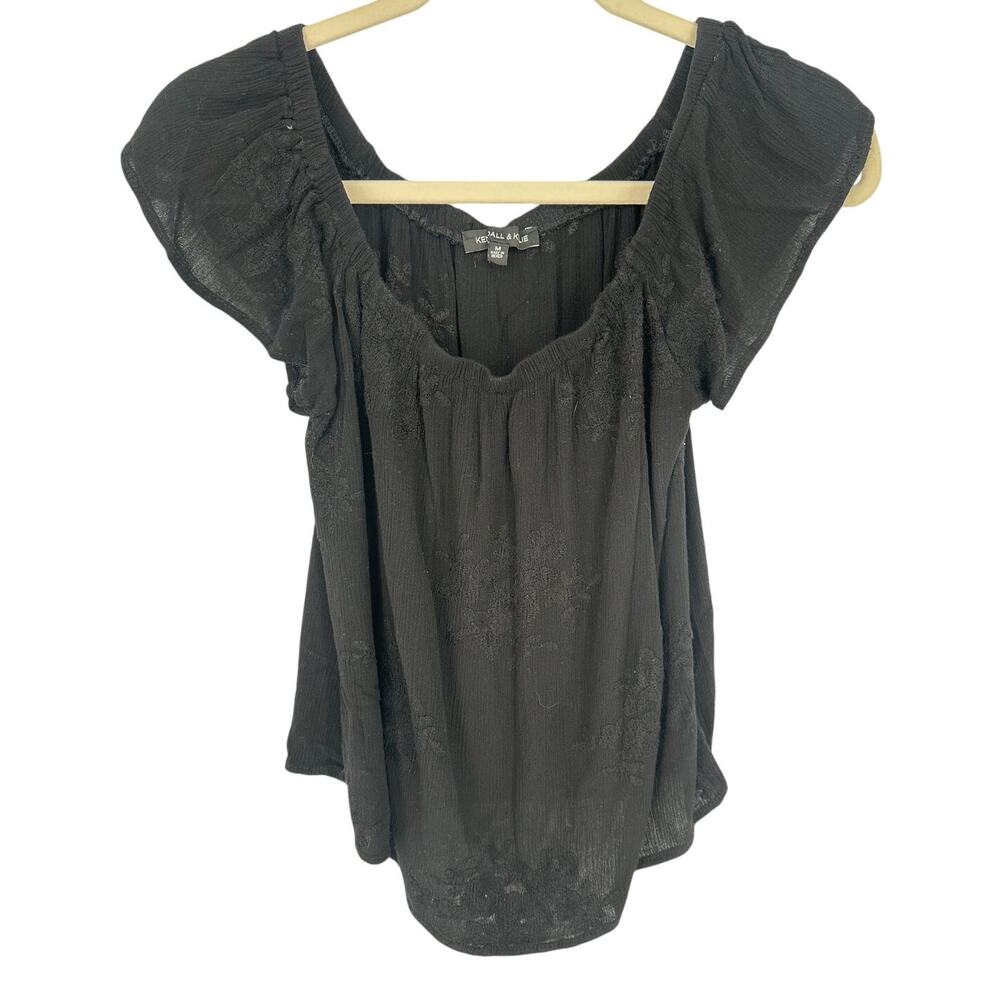 Kendall & Kylie Blouse Black Short Sleeve Embroidered Floral Ruching Cottage M